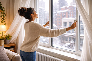 Woman opening window for winter house ventilation, creating fres, a Photo by Dvoevnore photos