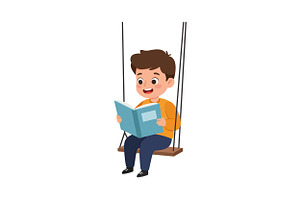 A cheerful boy reading a book while, an Illustration by designvectx
