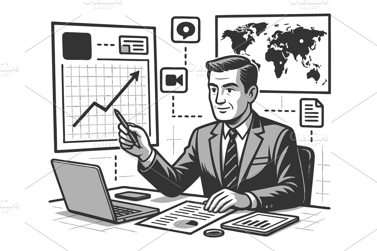 Businessman presenting data global, a Person Illustration by AlexArt