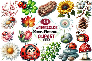 Watercolor Nature Elements Clipart, an Illustration by DreamCafeArt