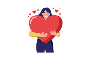 A woman joyfully embracing a large r, an Illustration by designvectx