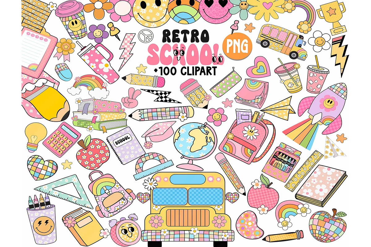 Retro Groovy School Clipart Bundle, a Graphic by RETROVIBZDESIGNS (Photo 1 of 4)