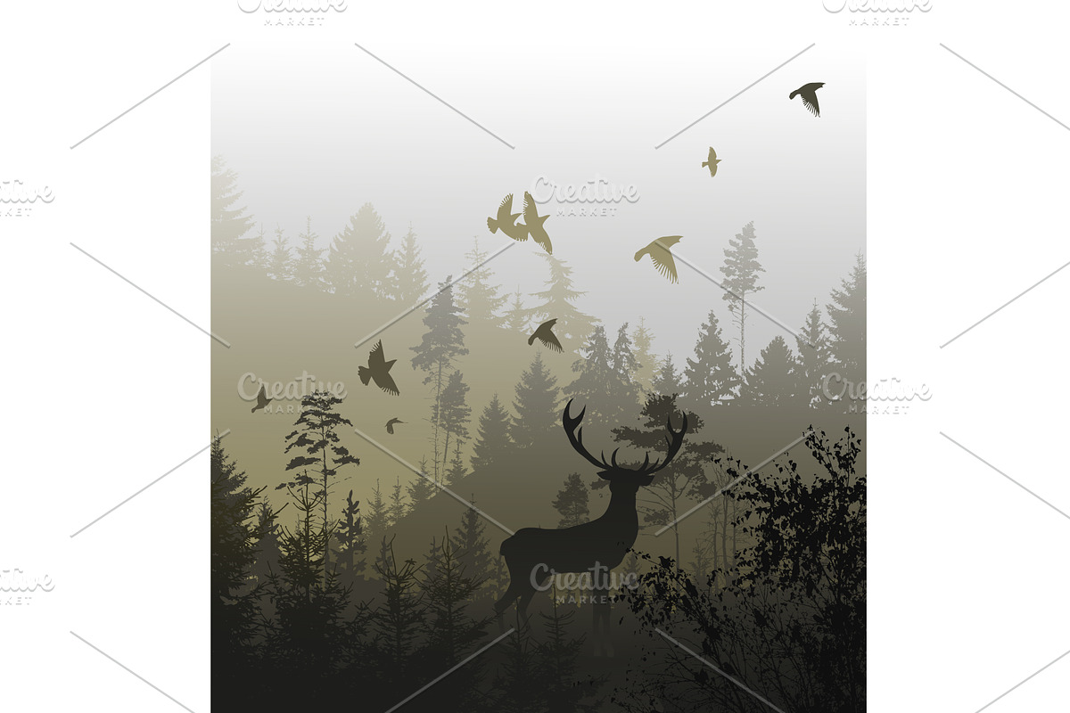 Deer in a foggy forest. hand drawing, an Illustration by Nenahliadava Design