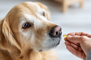 Woman offering yellow pill to dog, an Animal Photo by MistyDay