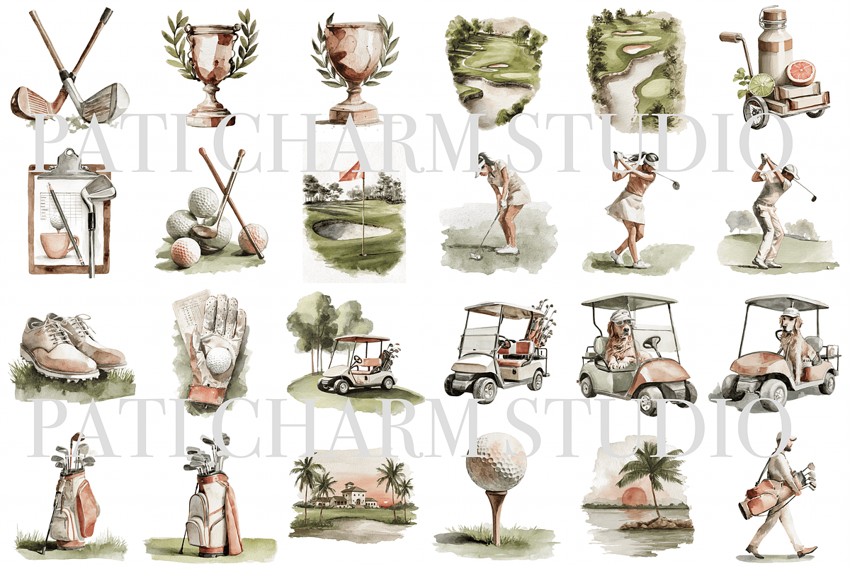 27 Watercolor Golf Clipart, a Decorative Illustration by Pati Charm Studio (Photo 2 of 8)