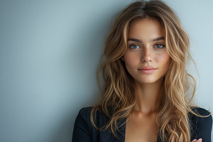 Young Caucasian woman with wavy hair and a radiant smile, exuding confidence ag, a Person Photo by ImageMir