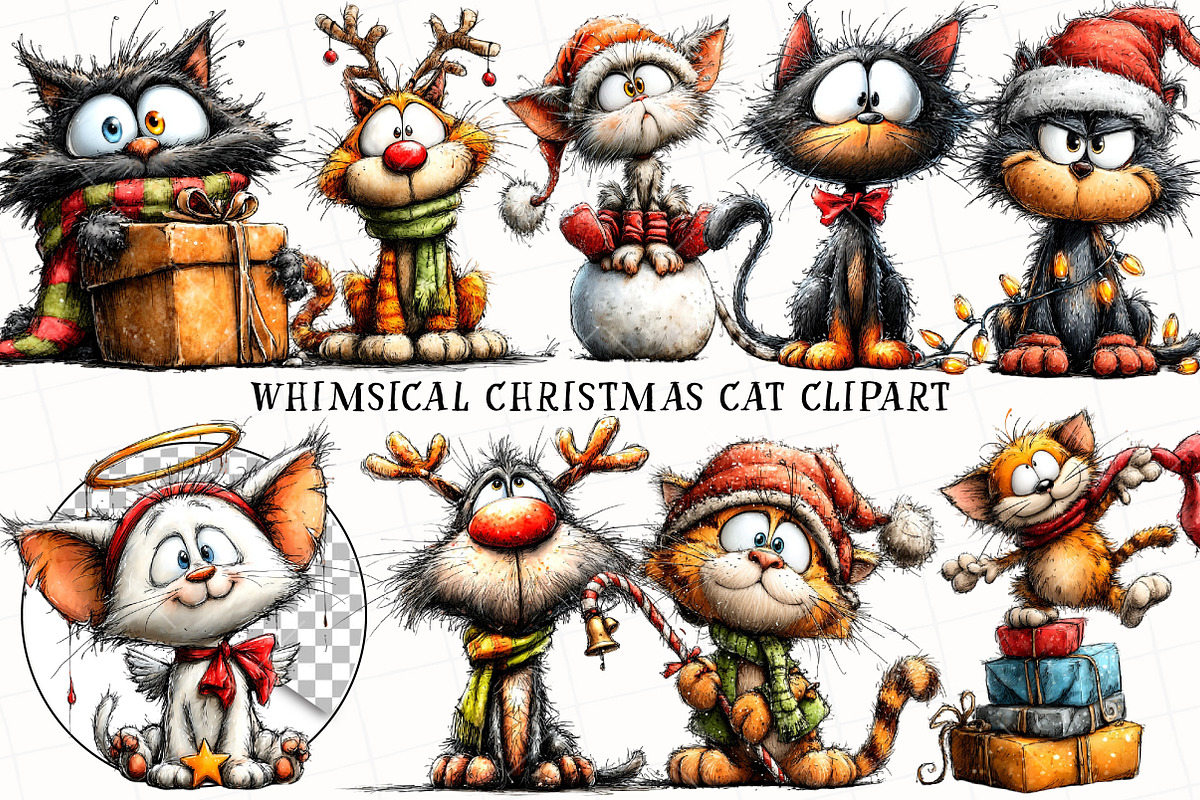 Whimsical Christmas Cat Clipart, an Illustration by OK Design (Photo 3 of 6)