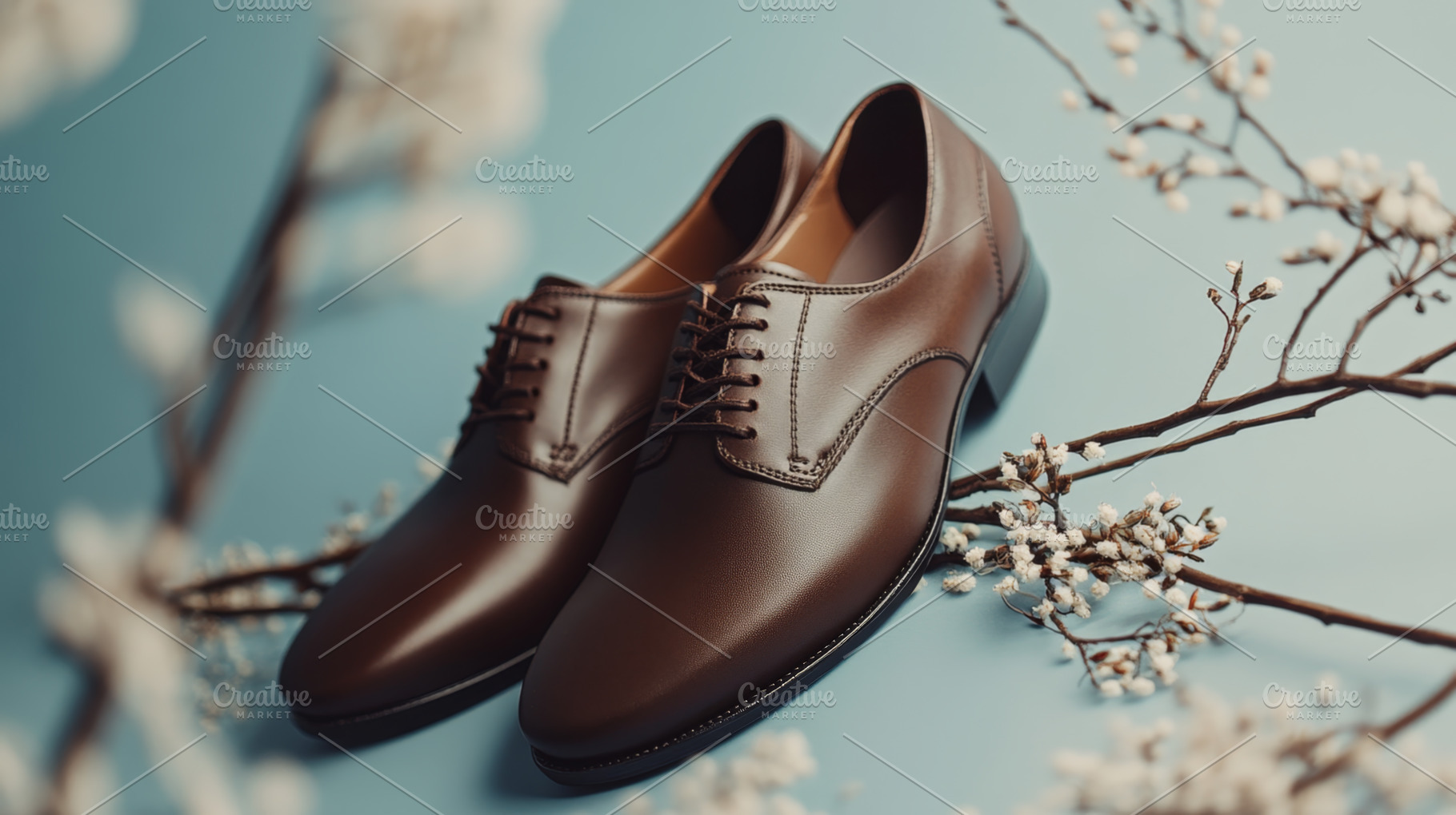 Brown Leather Dress Shoes with Floral Accent on Blue Background, an Abstract Photo by Natalia Klenova's Shop