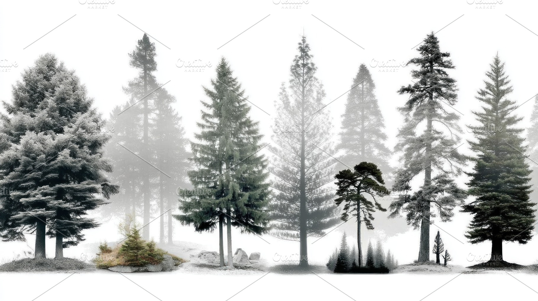 Row of different tree species in misty monochrome forest landsca, a Nature Photo by José Manuel Gelpi