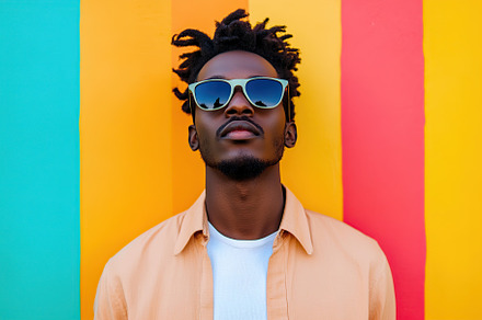 Young African man wearing sunglasses in front of a colorful striped wall in bri, a Person Photo by AlyaAnd