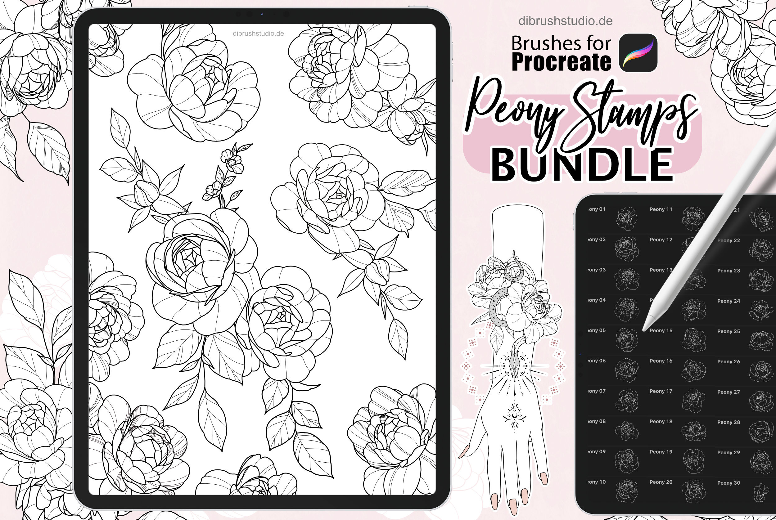 Procreate - Peony Tattoo Stamps, a Brush Add-On by DiBrush Studio