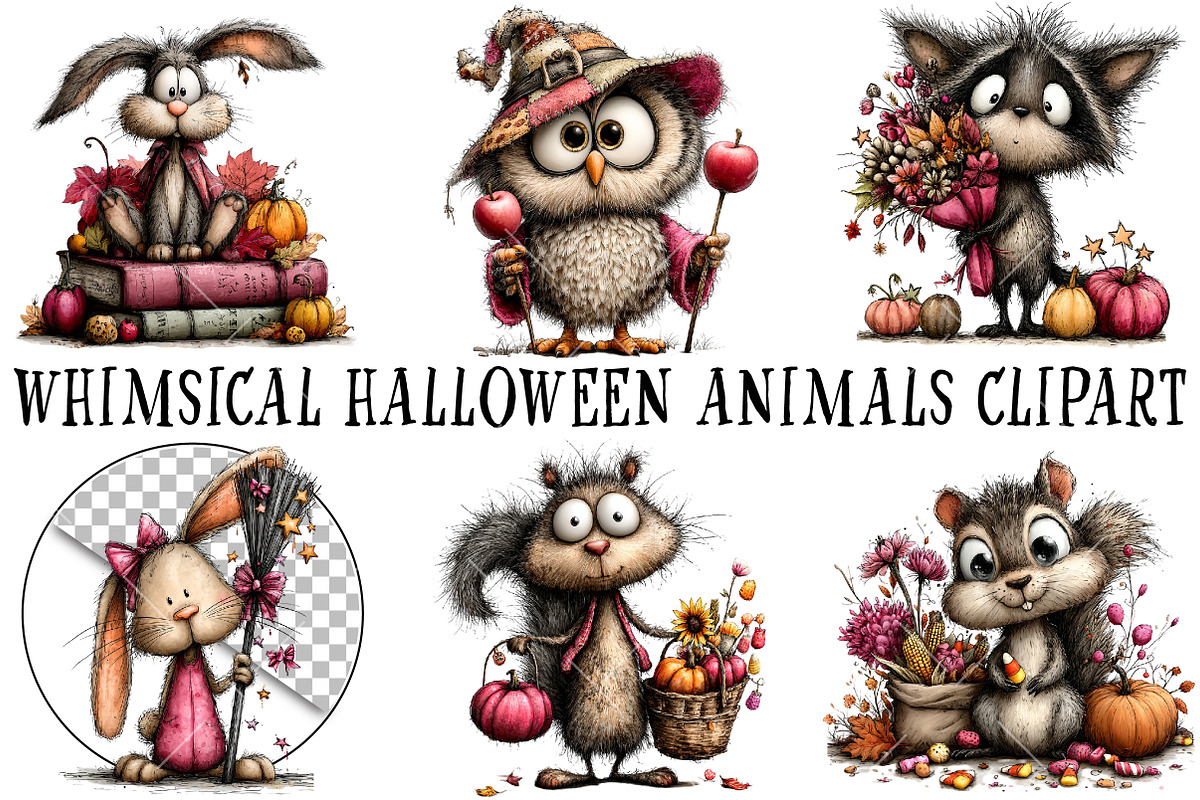 Whimsical Halloween Animals Clipart, a Seasonal Illustration by OK Design (Photo 2 of 6)