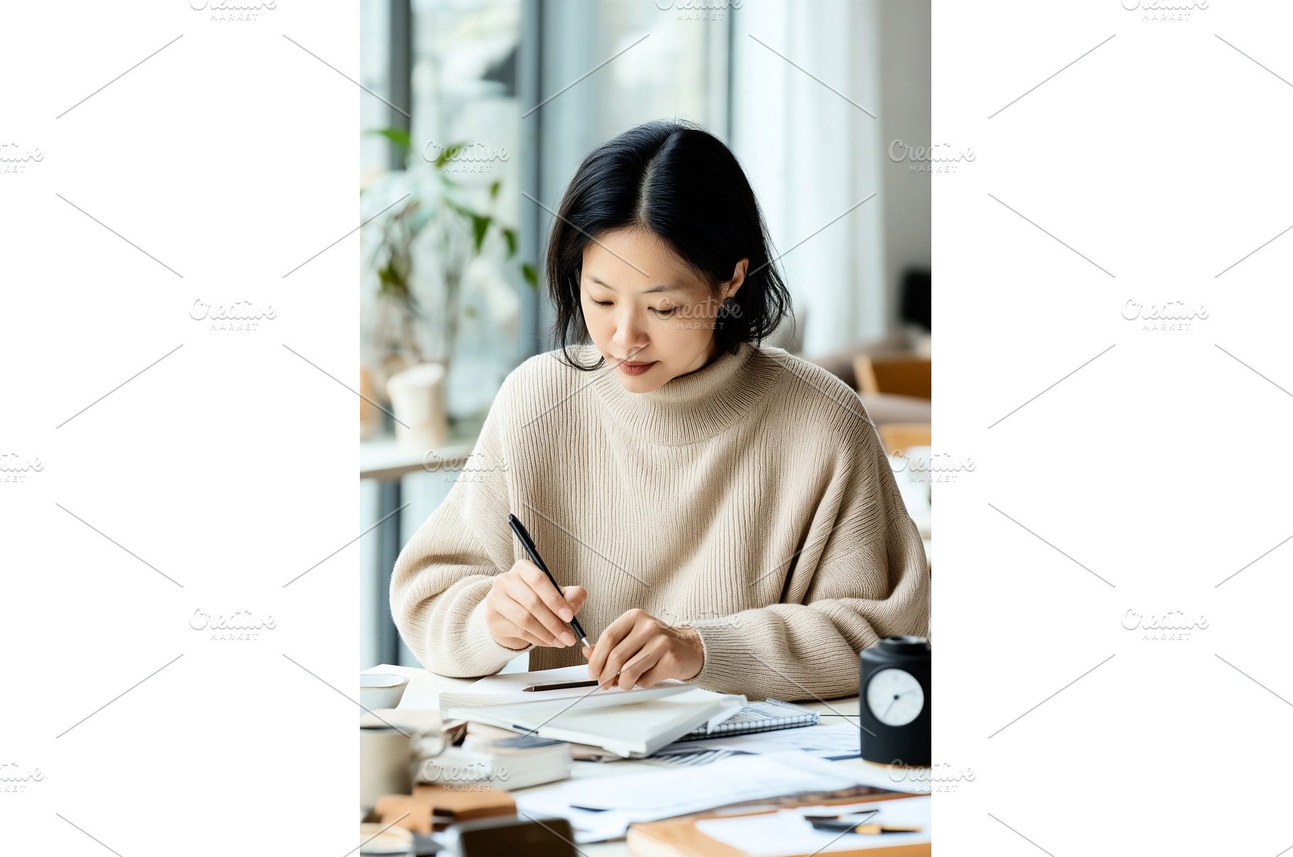 Asian woman writing notes at a desk, a Person Photo by Sergey Kotenev
