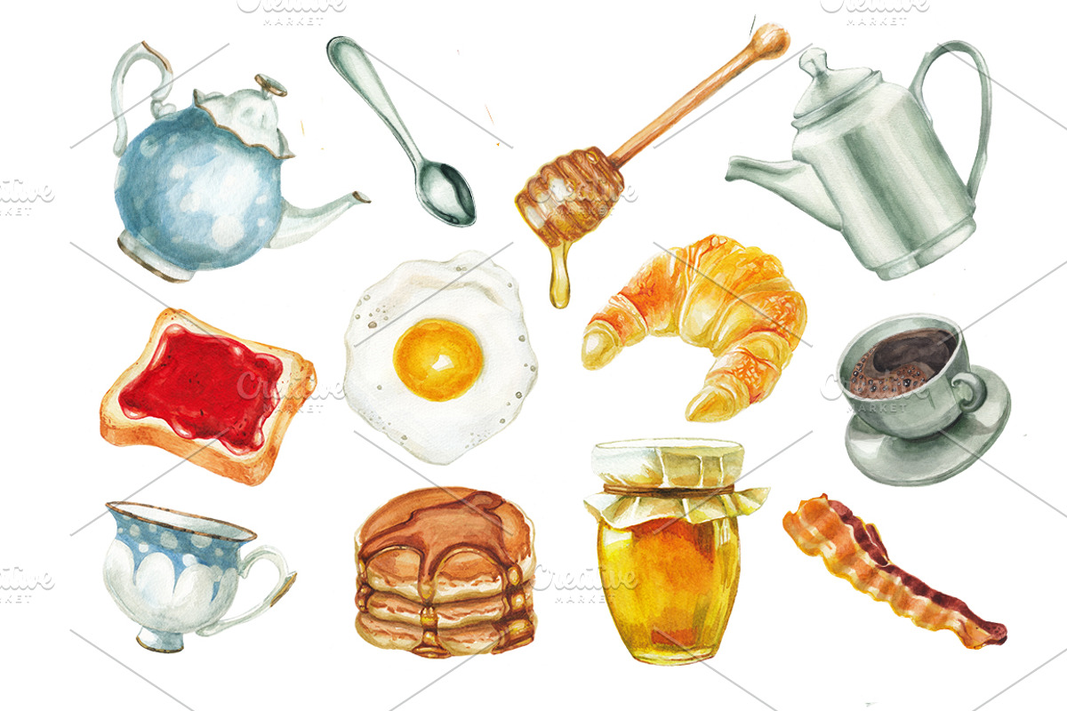 Watercolor breakfast set, a Pattern Graphic by lenavetka87 (Photo 1 of 3)