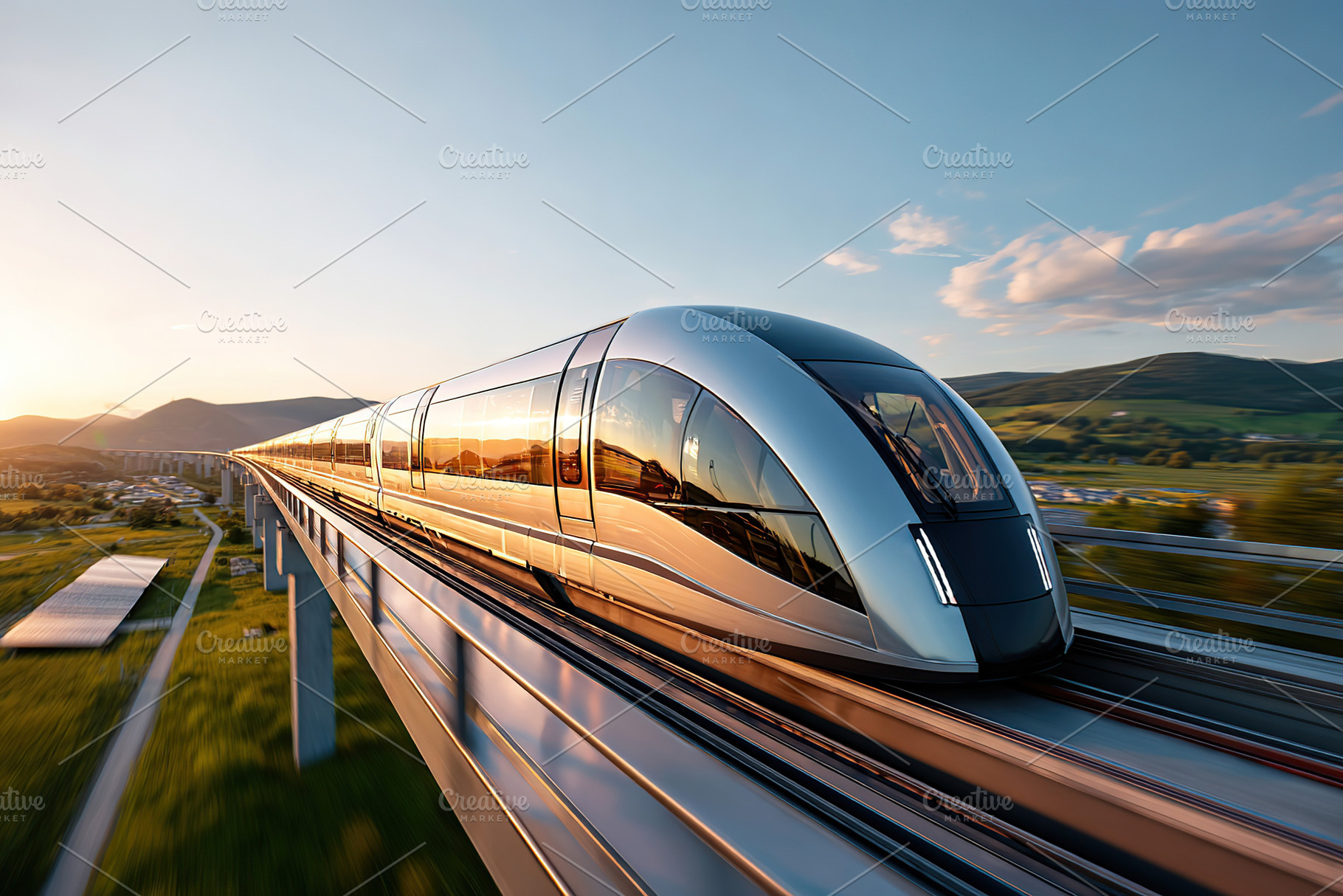 High-speed train travels on elevated tracks during golden hour at scenic landsc, a Photo by AlyaAnd