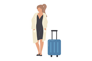 Girl In White Coat With Suitcase