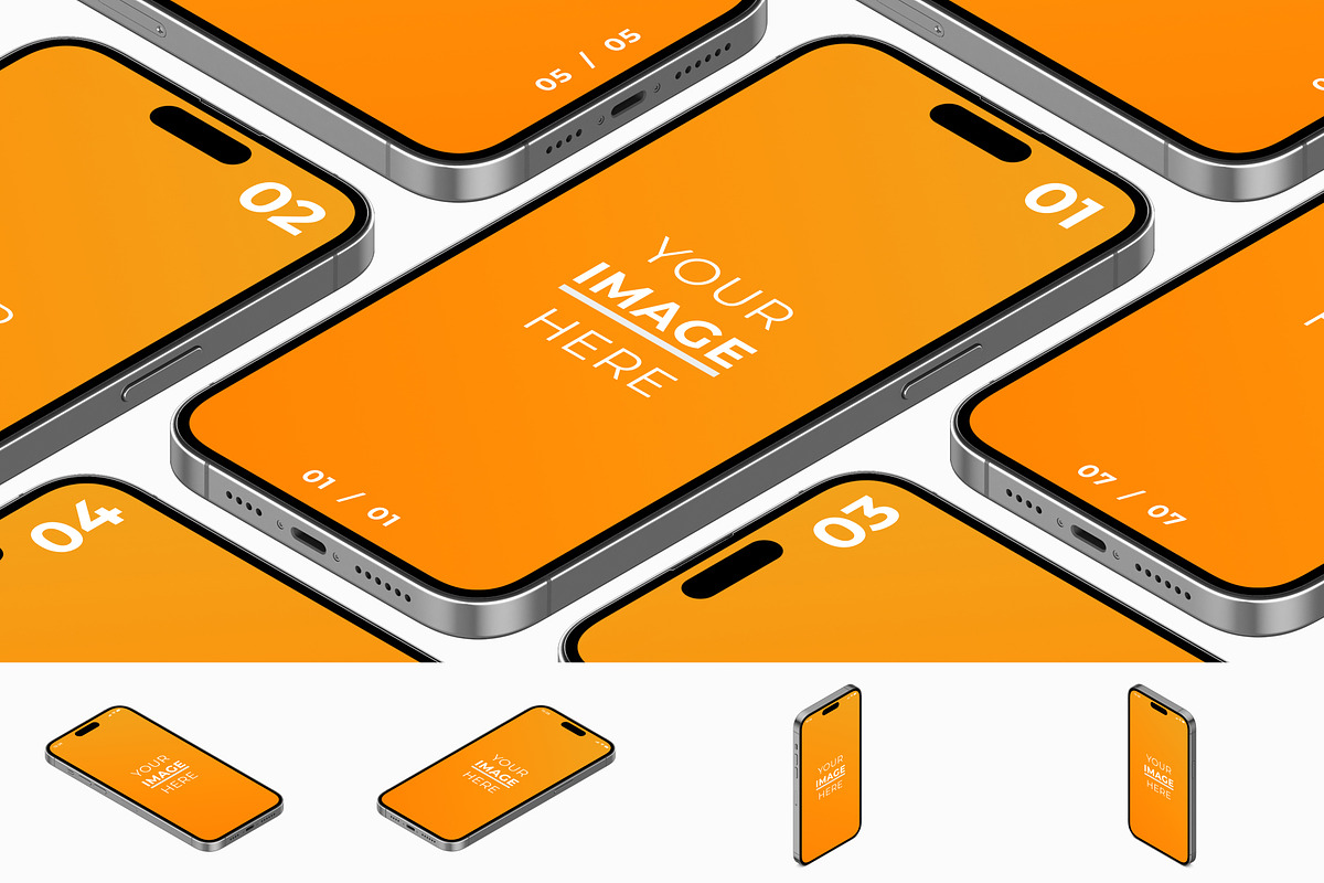 Isometric iPhone 14 Pro Mockup Pack, an iPhone Mockup by DreamVisuals (Photo 1 of 6)