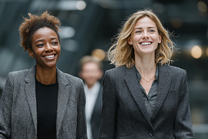 Two professional women smiling confidently in a modern business environment., a Person Photo by AS photostudio