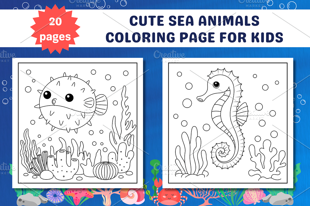 Cute Sea Animals Coloring Page, an Animal Illustration by Salaly (Photo 3 of 5)
