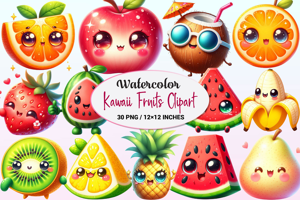 Cute Fruit Clipart,Kawaii Fruits PNG, a Graphic by CitraGraphics (Photo 1 of 4)