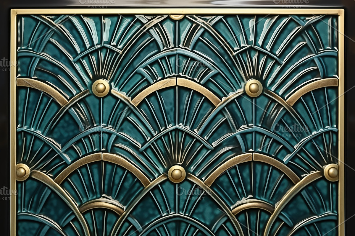 A decorative art deco panel featuring an intricate Art Deco design with teal an, a Background Graphic by Textures & Backgrounds