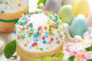 Delicious easter cakes decorated with colorful sprinkles and egg, a Holiday Photo by Olena Rudo