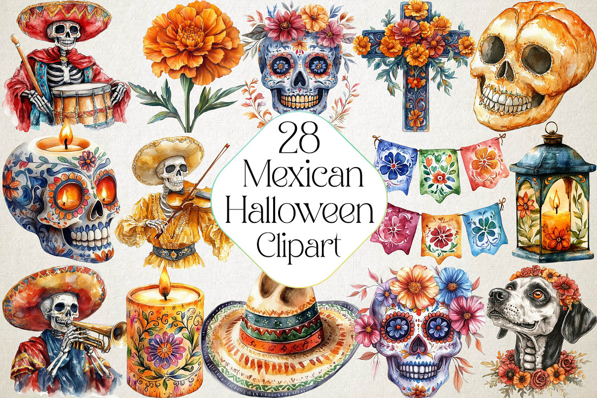 Watercolor Mexican Halloween Clipart, an Illustration by DreamPrint404 (Photo 1 of 6)