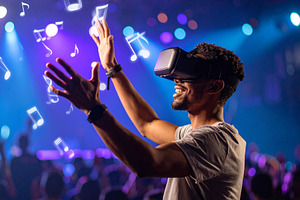 Young wearing sleek AR glasses in a stage with a crowded audienc, a Technology Photo by DanFLCreativo