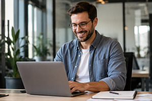 Man works on laptop in modern office, a Photo by Beautiful things