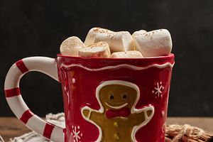 Hot chocolate in a red Christmas mug with a gingerbread man, mar, a Food & Drink Photo by ndanko