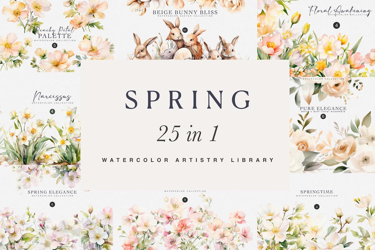 watercolor spring clipart bundle, a Decorative Illustration by Patishop Art
