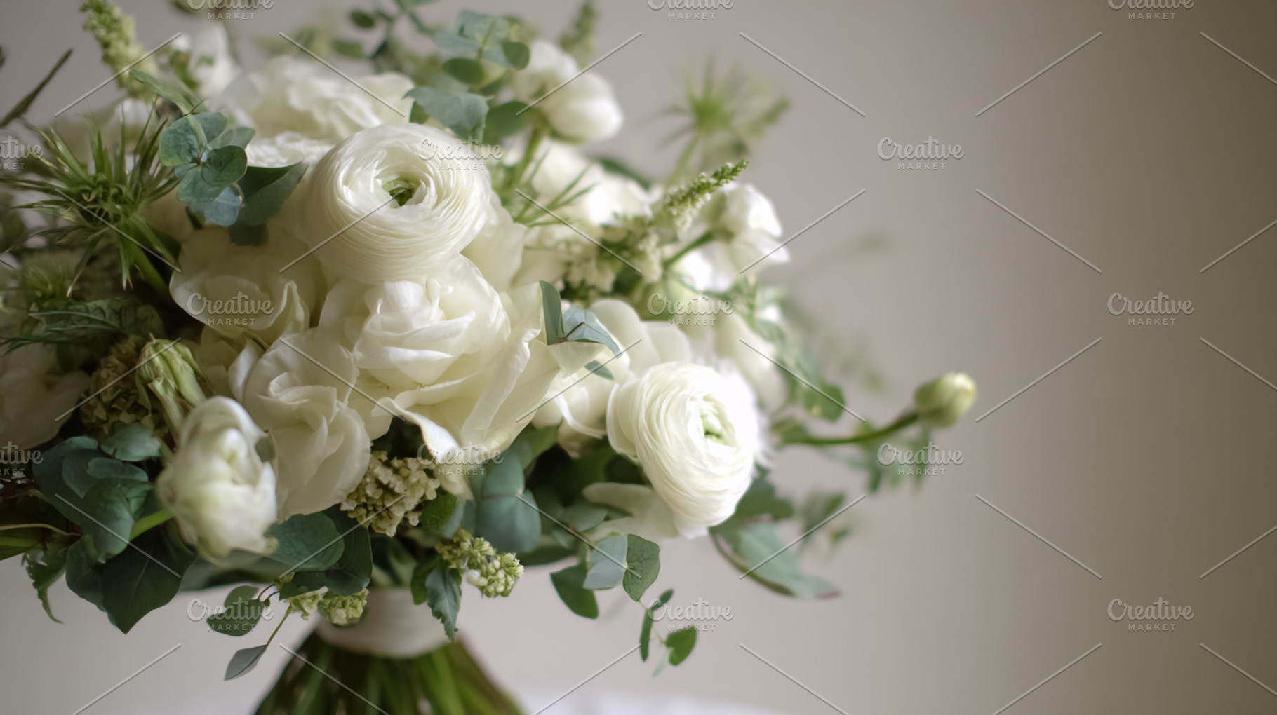 Elegant bouquet featuring white ranunculus, roses, and fresh euc, a Photo by Studio ANNA
