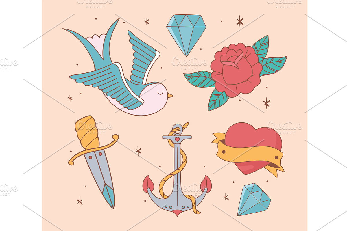 tattoo old school icons, an Illustration by studiogstock