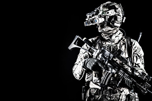 Soldier in night vision device containing army, soldier, and armed