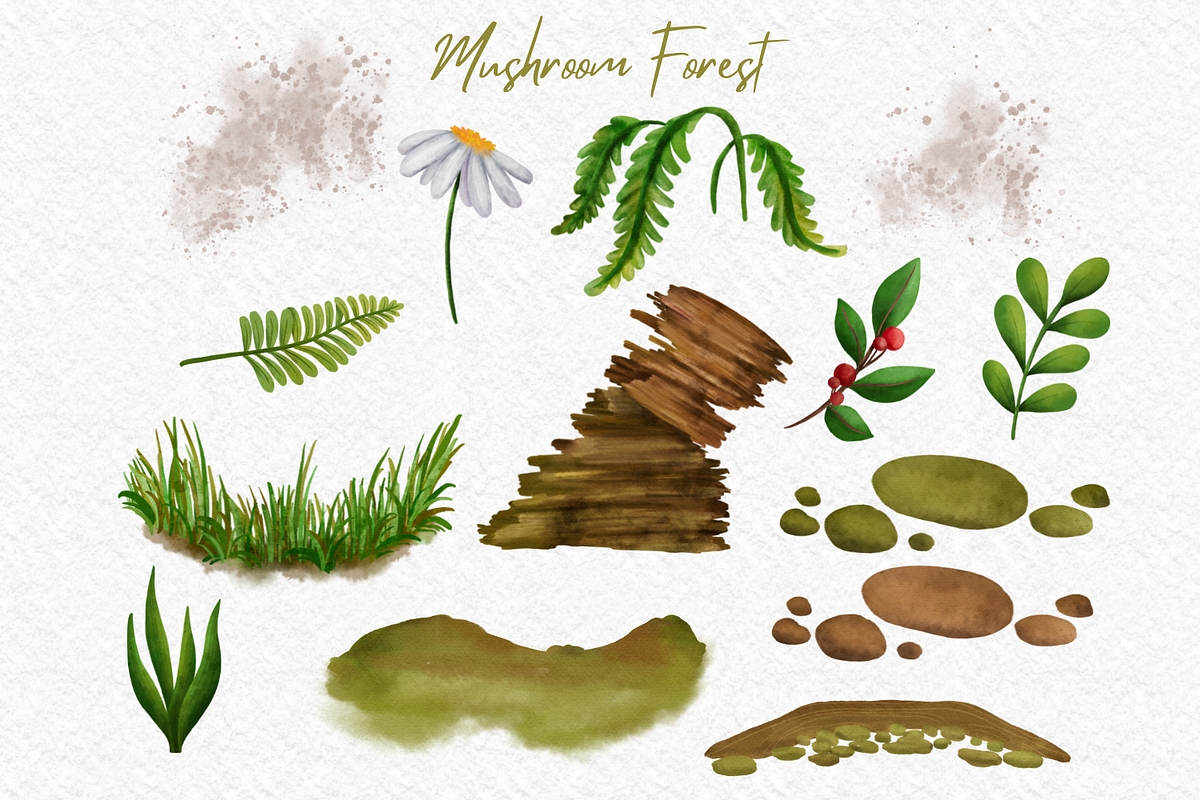 Mushroom Forest watercolor clipart, a Decorative Illustration by AkiraVilla (Photo 3 of 11)
