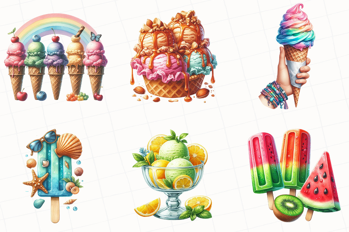Watercolor Summer Ice Cream Clipart, an Illustration by OK Design (Photo 2 of 5)