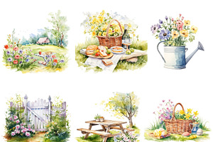 Watercolor Spring Picnic Clipart