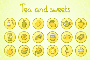 Tea and sweets round icons set