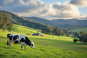 Dairy cow grazes in a serene pasture, an Animal Photo by Pixeness Studio