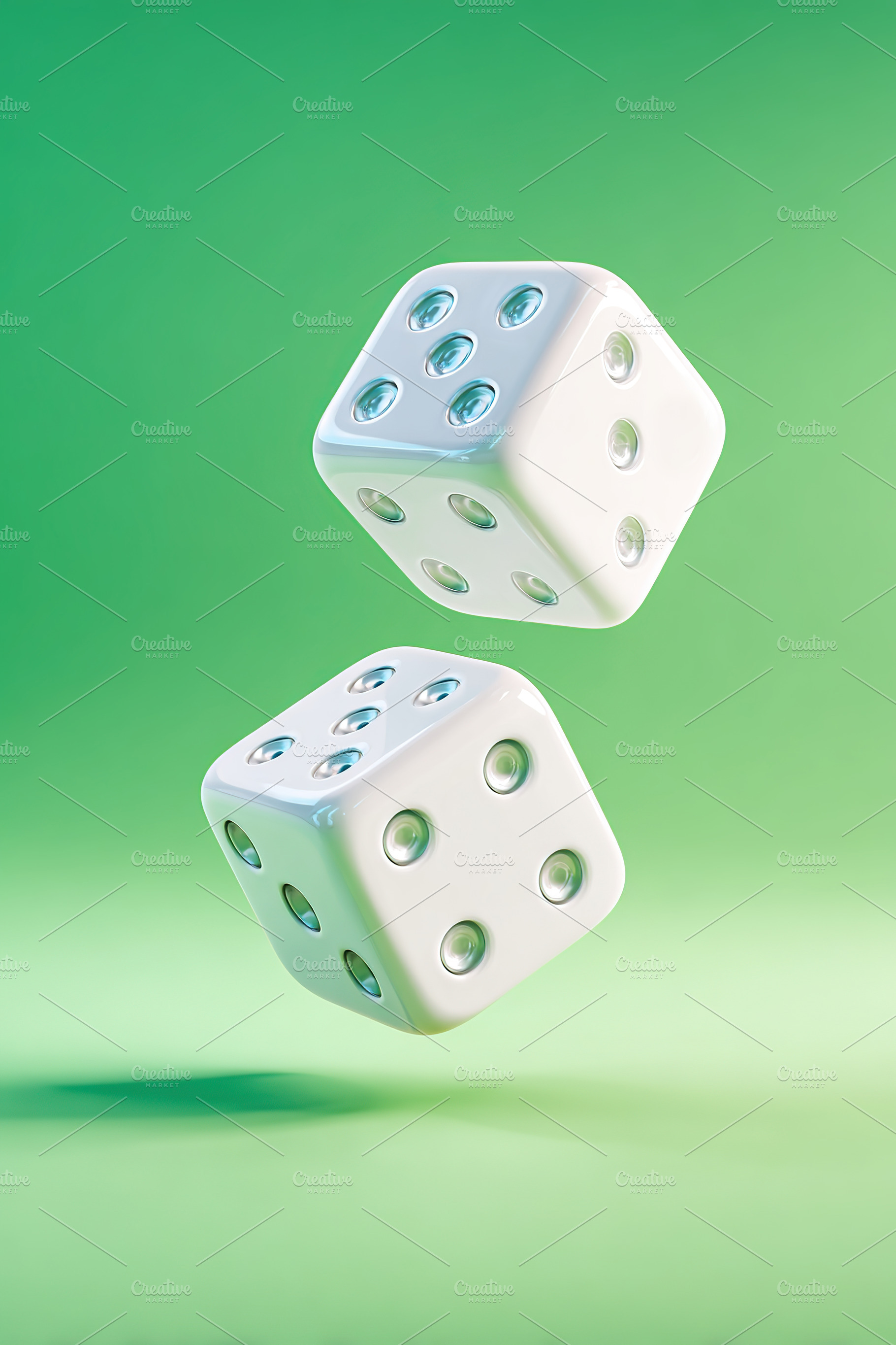 Glossy white playing dice suspended in midair above a vibrant green background, a Sports & Recreation Photo by AlyaAnd