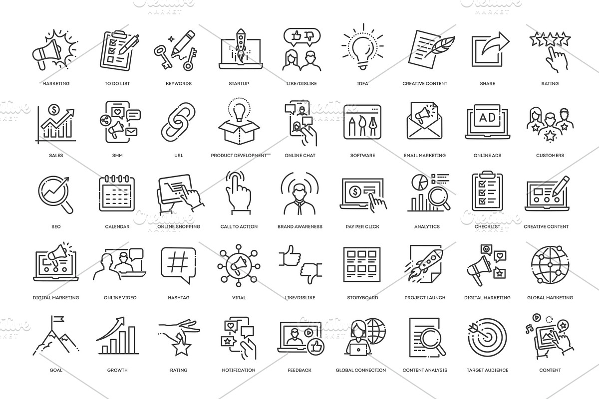 SEO and Digital Marketing line icons, a Technology Illustration by Tettygreen (Photo 2 of 3)