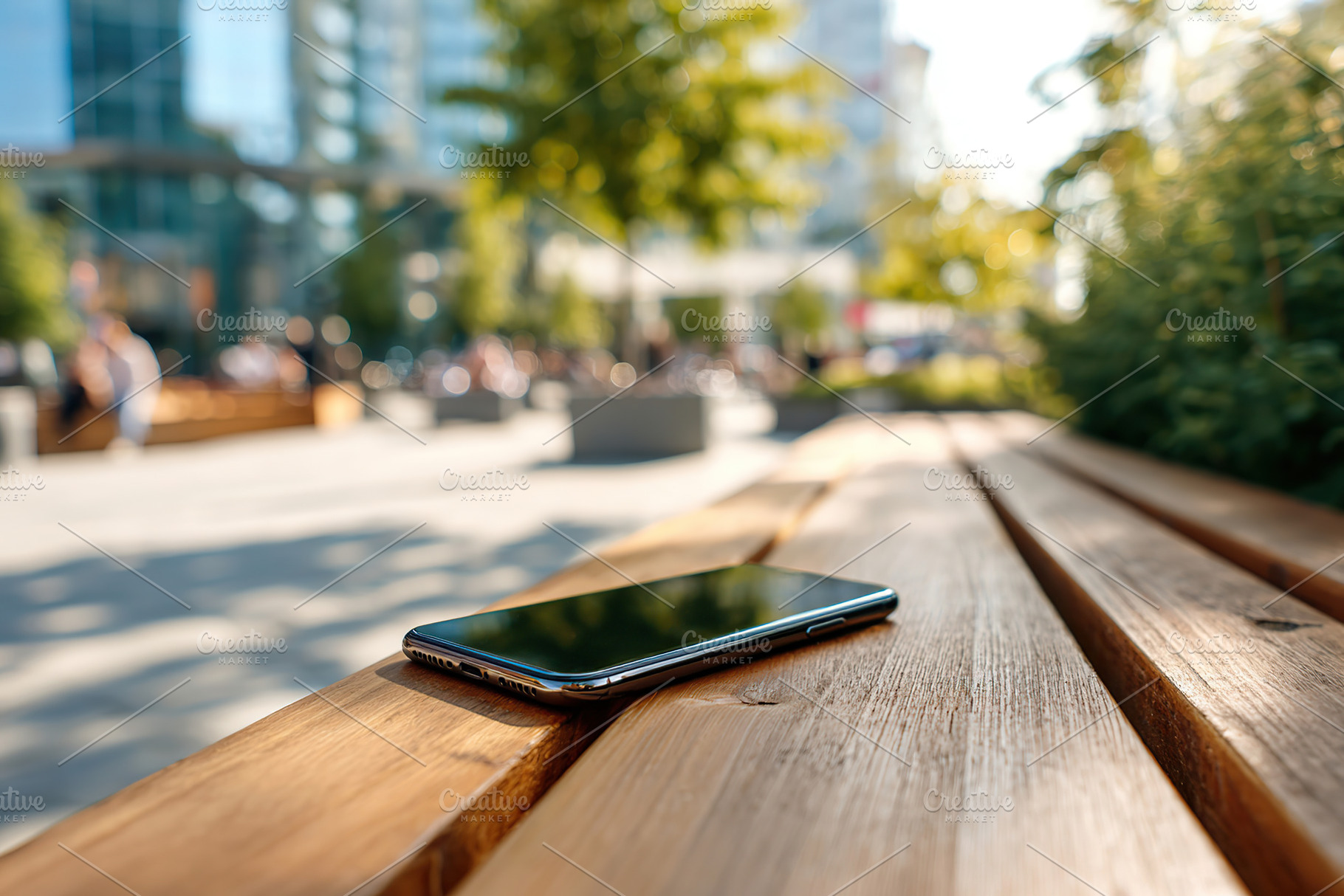 Sunlight revealing a smartphone resting quietly on a sleek wooden bench in a bu, a Photo by AlyaAnd