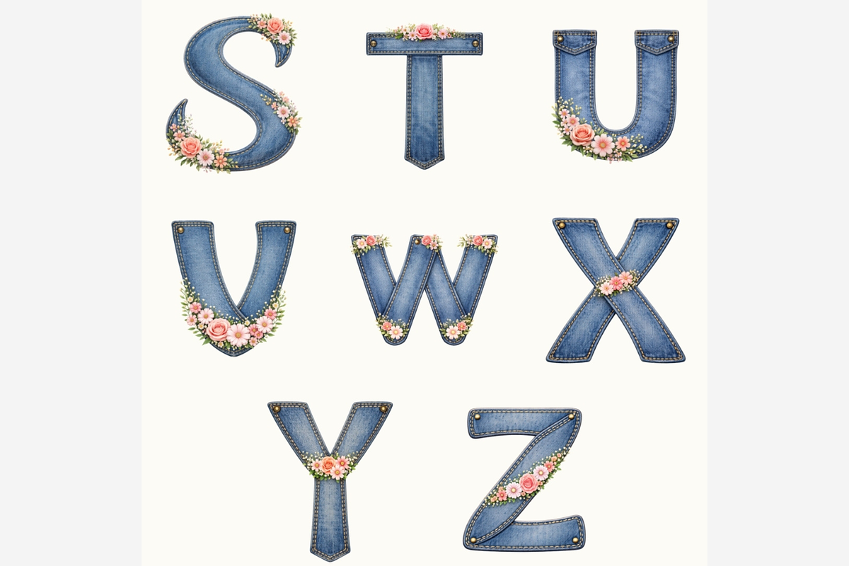 Denim Floral Alphabet PNG Bundle, a Duotone Icon by Tanya Kart (Photo 2 of 4)