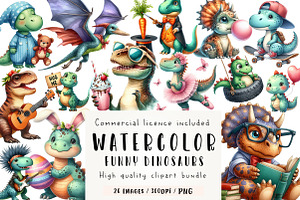 Watercolor Funny Dinosaurs Clipart, an Illustration by CreationArt