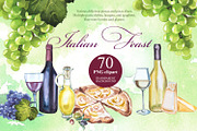 Italian Feast Watercolor Clipart, a Food Illustration by ArtCreationsDesign (Thumbnail 1 of 9)