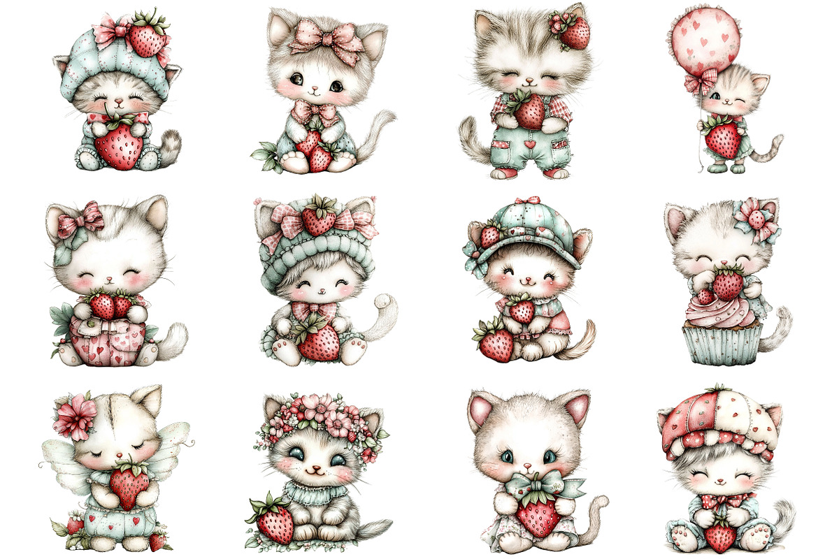 Whimsical Strawberry Cats Clipart, a Seasonal Illustration by CitraGraphics (Photo 2 of 6)