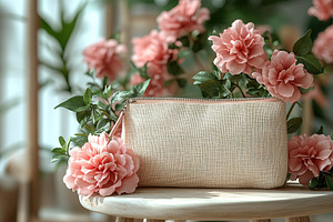 Modern cosmetic bag and spring flowers on small round table, a Beauty & Fashion Photo by AlyaAnd