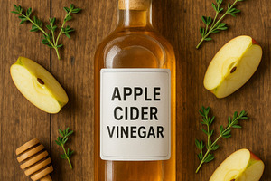 Apple cider vinegar bottle with slic, a Photo by Dvoevnore photos