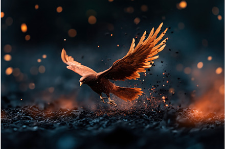 A dramatic image of a fiery phoenix, an Illustration by Sergey Kotenev