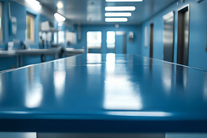 A sleek, reflective blue table dominates a modern kitchen environment, highligh, a Background Photo by ImageMir